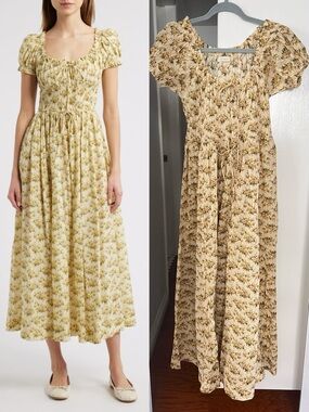 Doen Cream and Yellow Floral Smocked Midi Dress